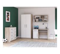 Ensemble pour chambre d'enfant 4 pièces Armoire Étagère murale Commode Bureau Chêne Sonoma/Blanc avec poignées couleur alu OMEGA III