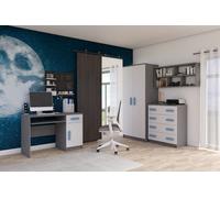 Ensemble pour chambre d'enfant Armoire Étagère murale Commode Bureau Gris/Blanc avec poignées bleues Jonas II 02