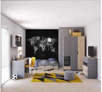Ensemble pour chambre d'enfant Ensemble pour chambre d'adolescent comprenant un lit une armoire une commode un bureau une étagère murale gris/chêne artisan JOY II