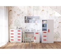 Ensemble pour chambre d'enfant Étagère murale Commode Bureau blanc/blanc avec poignées rouges Jonas I 05