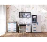 Ensemble pour chambre d'enfant Étagère murale Commode Bureau Gris/Blanc avec poignées bleues Jonas I 05