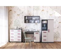 Ensemble pour chambre d'enfant Étagère murale Commode Bureau Gris/Blanc avec poignées Erikafarbiegen Jonas I 05