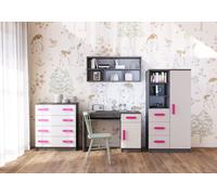 Ensemble pour chambre d'enfant Étagère murale Commode Bureau gris/blanc avec poignées roses Jonas I 05
