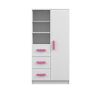 Ensemble pour chambre d'enfant Jonas 05 - Blanc/Blanc avec poignées roses Étagère, étagère murale, commode & bureau