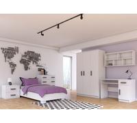 Ensemble pour chambre d'enfant Lit Armoire Étagère murale Commode Bureau Table de nuit Blanc/Blanc avec poignées grises sans matelas Jonas IV 01