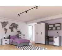 Ensemble pour chambre d'enfant Lit Armoire Étagère murale Commode Bureau Table de nuit Gris/Blanc avec poignées couleur erica sans matelas Jonas IV 02