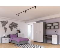 Ensemble pour chambre d'enfant Lit Armoire Étagère murale Commode Bureau Table de nuit Gris/Blanc avec poignées blanches sans matelas Jonas IV 02