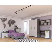Ensemble pour chambre d'enfant Lit Armoire Étagère murale Commode Bureau Table de nuit Gris/Blanc avec poignées vertes sans matelas Jonas IV 02