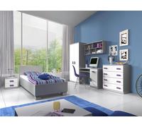 Ensemble pour chambre d'enfant Lit Armoire Étagère murale Commode Bureau Table de nuit Gris/Blanc avec poignées couleur erica sans matelas Jonas II 01