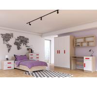 Ensemble pour chambre d'enfant Lit Armoire Étagère murale Commode Bureau Table de nuit Sonoma/Blanc avec poignées rouges sans matelas Jonas IV 03