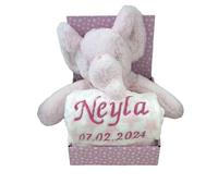 Ensemble pour enfant et bébé, avec nom et date de naissance brodés (sur la couverture) avec peluche - Cadeau de baptême de naissance / certification CE (éléphant/rose)