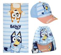 Ensemble pour enfants Bluey - Bleu et marron - Comprend un sac en tissu, une serviette et une casquette - Imprimé Bluey et Bingo - Idéal pour l'été - Produit Original Fabriqué en Espagne