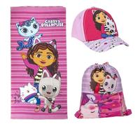 Ensemble pour enfants Gabby's Dollhouse - Rose et lilas - Comprend un sac en tissu, une serviette et un chapeau - Gabby, Pandy Paws et Kitty Fairy Print - Produit Original Fabriqué en Espagne