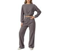 Ensemble pour femme à manches longues et col rond et pantalon à jambes larges, taille élastique avec cordon de serrage, gris, S