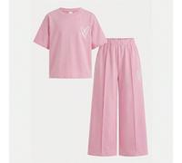 Ensemble pour fille pré-ado printemps/été, t-shirt ample à manches courtes col ras-du-cou avec imprimé cœur minimaliste mignon, sweatshirt oversize à manches courtes imprimé New York avec épaules tomb