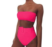 Ensemble pour les femmes charmantes maillots de bain solides bikini pompes taille haute qualité maillots de bain maillots de bain col roulé, Rose, M
