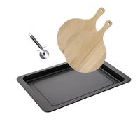 Fackelmann 9938350 Ensemble pour pizza 1 plaque de cuisson 2 planches à pizza et 1 roulette à pizza, planche à pizza, plaque de four, roulette à pizza, Acier inoxydable, Bois, 42 x 29 x 2,5 cm