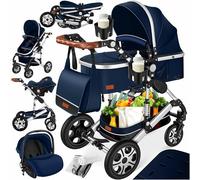 Ensemble poussette combinée 4 en 1 KESSER® avec nacelle, siège poussette, pneus en caoutchouc plein, sac à langer, protection contre la pluie, tablette pour enfant, ECE R129, Bleu/Argent
