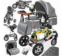 Ensemble poussette combinée 4 en 1 KESSER® avec nacelle, siège poussette, pneus en caoutchouc plein, sac à langer, protection contre la pluie, tablette pour enfant, ECE R129, Gris Asphalte/Argent