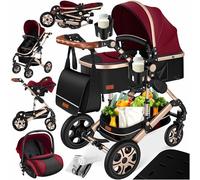 KESSER® Poussette combinée 3en1 Set incl. baignoire bébé poussette Siège sport & siège auto pour bébé Pneus pleins caoutchouc Sac à langer Protection pluie Table pour enfant ECE R129 rouge/champagne