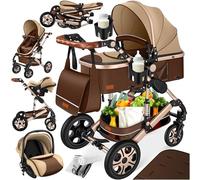 Ensemble poussette combinée 4 en 1 KESSER® avec nacelle, siège poussette, pneus en caoutchouc plein, sac à langer, protection contre la pluie, tablette pour enfant, ECE R129, Marron/Champagn