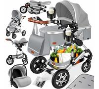 Ensemble poussette combinée 4 en 1 KESSER® avec nacelle, siège poussette, pneus en caoutchouc plein, sac à langer, protection contre la pluie, tablette pour enfant, ECE R129, Gris/Argent