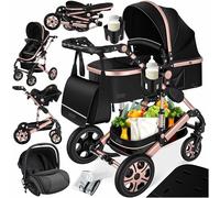 Ensemble poussette combinée 4 en 1 KESSER® avec nacelle, siège poussette, pneus en caoutchouc plein, sac à langer, protection contre la pluie, tablette pour enfant, ECE R129, Noir/Or rose