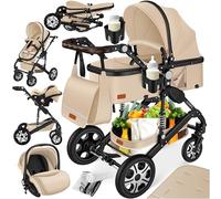 Ensemble poussette combinée 4 en 1 KESSER® avec nacelle, siège poussette, pneus en caoutchouc plein, sac à langer, protection contre la pluie, tablette pour enfant, ECE R129, Beige/Noir