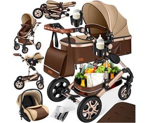 Ensemble poussette combinée 4 en 1 KESSER® avec nacelle, siège poussette, pneus en caoutchouc plein, sac à langer, protection contre la pluie, tablette pour enfant, ECE R129, Marron/Champagn
