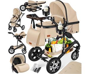 Ensemble poussette combinée 4 en 1 KESSER® avec nacelle, siège poussette, pneus en caoutchouc plein, sac à langer, protection contre la pluie, tablette pour enfant, ECE R129, Beige/Noir