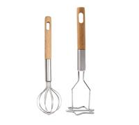 Ensemble professionnel pour presse-purée et fouet à œufs | Presse-purée en acier inoxydable robuste avec poignée ergonomique en bois pour écraser, battre et mélanger sans effort pendant