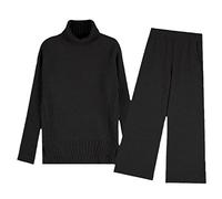 Ensemble pull d'hiver en tricot 2 pièces pour femme avec col roulé et pantalon ample, Noir , XL