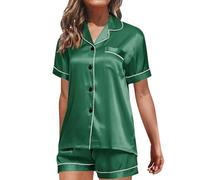 Ensemble pyjama 2 pièces en satin de soie pour femme - Chemise à boutons à manches courtes et short - Vêtement de salon doux et soyeux pour des nuits confortables et une détente luxueuse, vert, 5XL