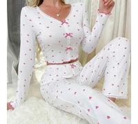 Ensemble pyjama 2 pièces en tricot côtelé imprimé cœur pour femme avec haut ample à manches longues et pantalon long, vêtement de nuit pour la maison, les vacances, les vacances (taille M, rose rouge)