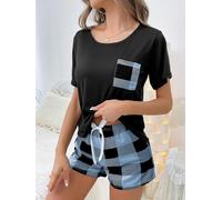 Ensemble pyjama 2 pièces pour femme avec haut à manches courtes et short à carreaux - Vêtement de nuit décontracté - Tenue d'été pour la maison, bleu saphir, X-Large
