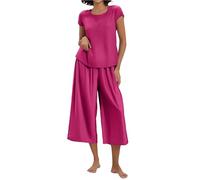 Ensemble pyjama 2 pièces pour femme - Col rond - Manches courtes - Jambes larges élastiques - Pantalon de pyjama 3/4 - Vêtement de nuit - Vêtement de nuit - Combinaison de maison douillette - Tenue de
