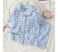 Ensemble pyjama 2 pièces pour filles, avec Top à manches courtes à col ouvert avec nœud, imprimé à carreaux bleu/rose, et short. Style classique, doux, confortable et respirant en crêpe bouclé, pour l