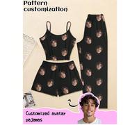 Ensemble pyjama 3 pièces pour femme personnalisable, impression de motifs au choix, pyjama personnalisé avec photos, vêtements de nuit confortables ornés d'images amusantes. Idéal pour la Saint-Valent