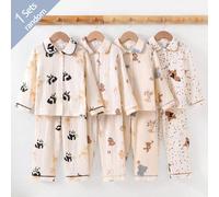 Ensemble pyjama 4 pièces pour homme, doux, confortable et chaud, effet coton, beige, imprimé lettres et motifs éléphant, panda, ours et chiot, col revers, devant ouvert avec bordure, manches longues e