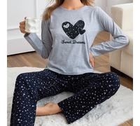 Ensemble pyjama avec chemise à manches longues col imprimé cœur élément cosmos coton et pantalon à motif étoile L,M,S,XLGéométriqueTissu tricoté