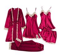 Ensemble Pyjama avec Chemise à Manches Longues Ensemble de Lingerie Sexy pour femmes, jarretelles, Robes, body en dentelle, sous-vêtements à col en V Pijama Noel Femme Pyjama Polaire Femmes (Red, XXL)