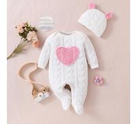 Ensemble pyjama bébé fille d'hiver matelassé blanc à motif cœur, manches longues, barboteuse et bonnet, mignon, brodé, léger, respirant, classique 6-9M,0-1M,1-3M,3-6MCœurTissu tricoté,Flanelle