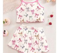 Ensemble pyjama blanc crème, style ballet fille douce avec imprimé nœud, Top brassière et short style minimaliste décontracté avec motif de dessin animé, convient pour l'été à la maison, ensemble bras