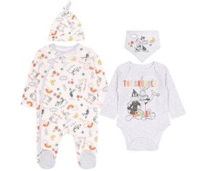 Ensemble Pyjama, Bonnet et Bavoir de Couleurs Grise et Blanche Bugs Bunny Disney Oeko-TEX 0-2 Mois