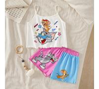 Ensemble pyjama camisole et short imprimé mignon de dessin animé pour jeune fille, été 6Y,7Y,8Y,4Y,5YCartoonTissu tricoté