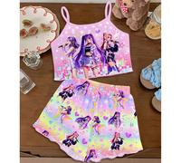 Ensemble pyjama camisole et short minimaliste décontracté, dégradé de couleurs dopamine, motif fille de dessin animé. Convient pour l'été. 6Y,7Y,8Y,4Y,5Y,2-3YAnimalTissu tricoté