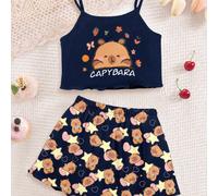 Ensemble pyjama camisole et short motif étoile mignon de capybara, bleu marine, style décontracté minimaliste pour jeunes filles. Convient pour l'été, coupe près du corps 6Y,7Y,8Y,4Y,5Y,2-3YCartoon,Le