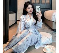 Ensemble pyjama comprenant un peignoir à col châle en satin avec motif patchwork floral et une ceinture, ainsi qu'un pantalon. Vêtements d'intérieur et de détente pour l'automne et l'hiver L,M,S,XLPla