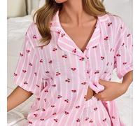 Ensemble pyjama confortable en coton pour femmes avec boutons, motifs rayures et cerises, manches courtes et shorts 0XL,1XL,2XLRayé,Fruits & légumesTissu tricoté
