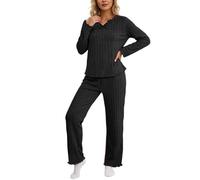 Ensemble pyjama côtelé doux avec bordure en dentelle noire tenue d'intérieur confortable deux pièces pour femme élégante chaude automne hiver idéal confort style moderne usage quotidien (Black, XXL)